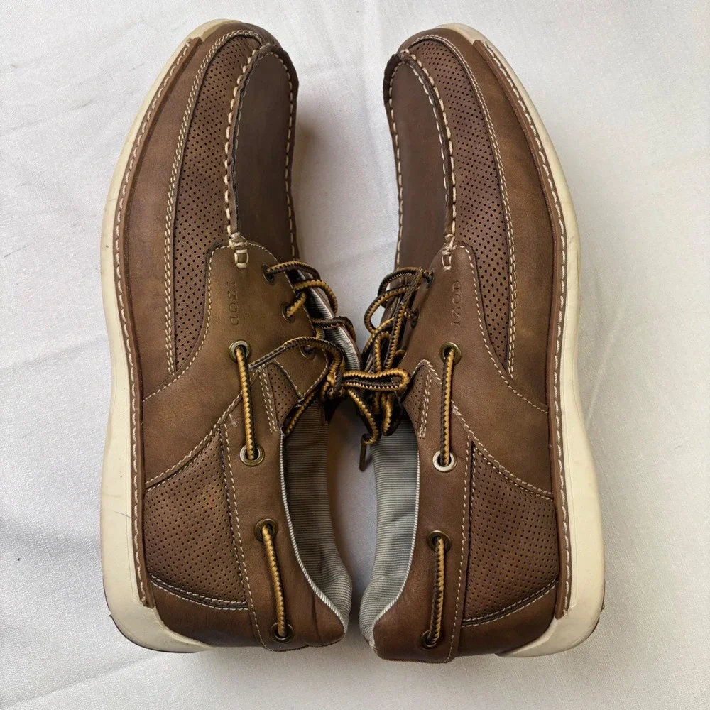 IZOD Mens Brown Faux Leather Memory Foam Boat‎ Shoes Lace Up Size 10 M Preppy